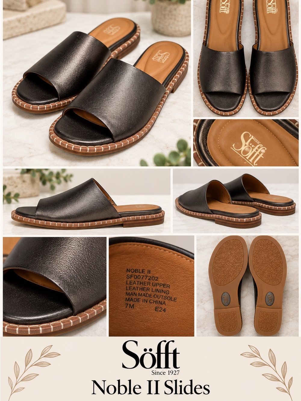 Söfft Noble II Black Leather Slides Sandals Women’s Size 7M Worn Once